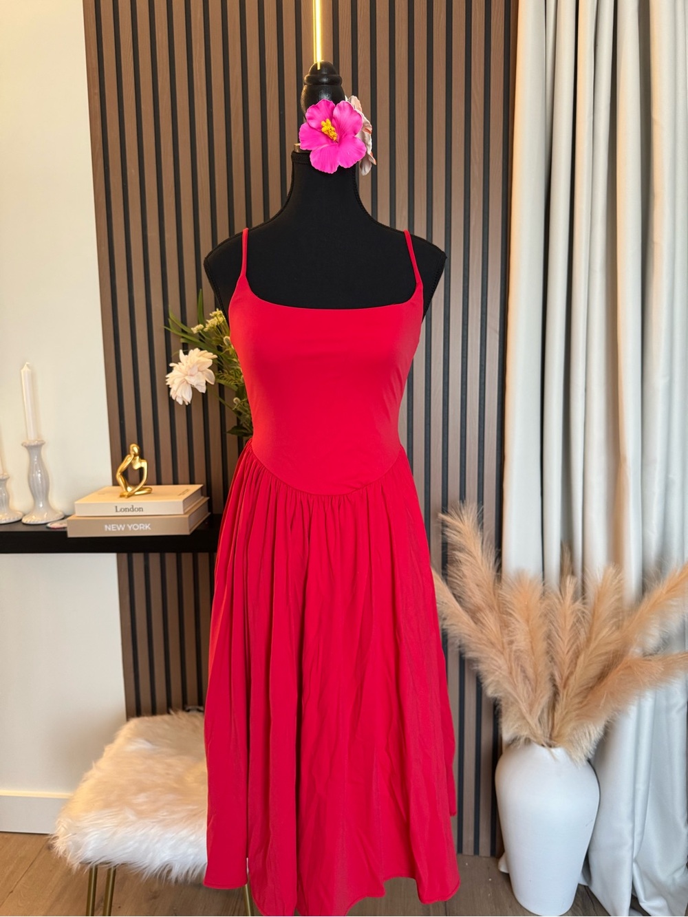 Elegant Red Spaghetti-Strap Midi Dress